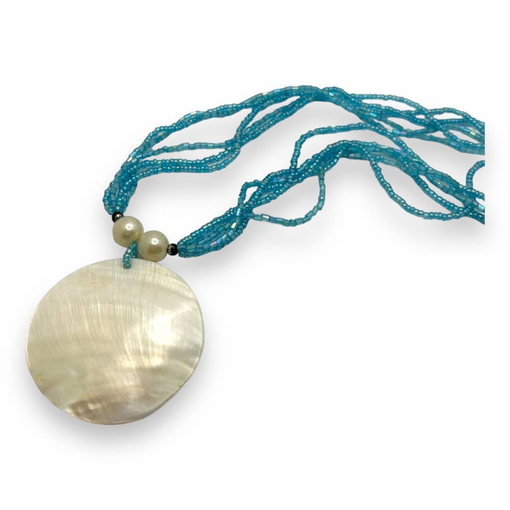 Handmade Shell and Blue Seed Bead Necklace Boho Natural Hippie - Picture 2 of 3